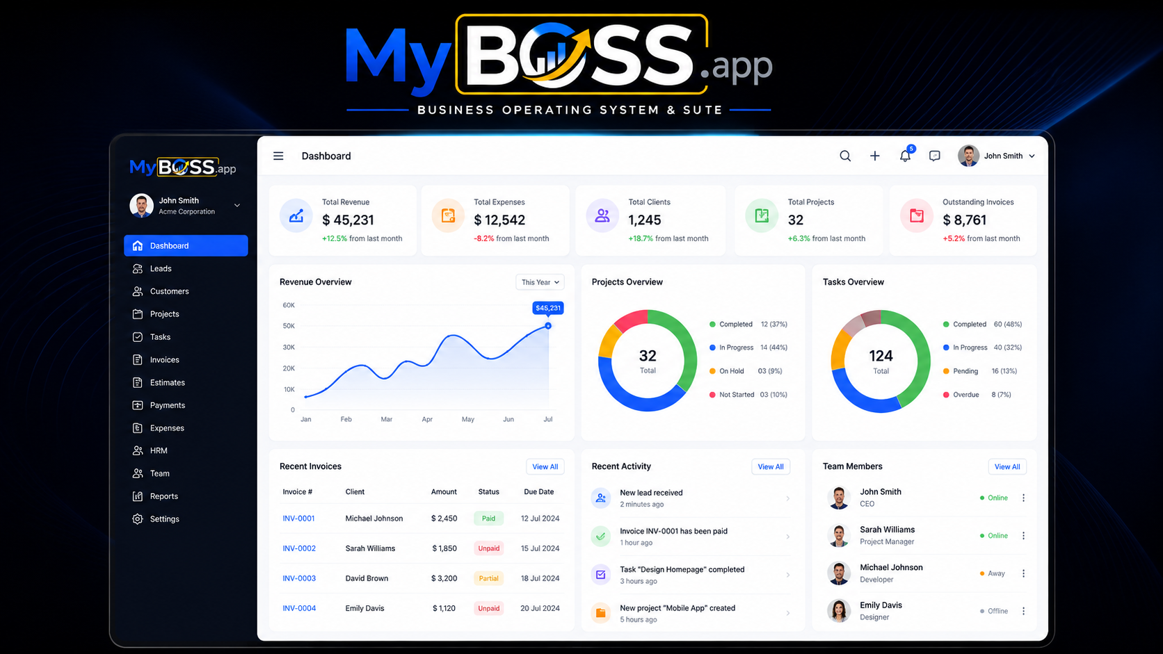 BOSS Dashboard showing revenue analytics, projects overview, team members, and invoicing