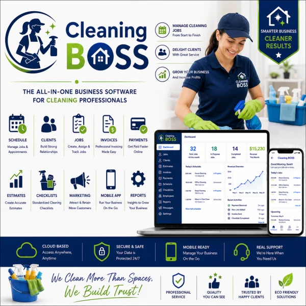 Cleaning BOSS is lifetime cleaning business software. Manage jobs, customers, staff and invoices with one $99 payment.