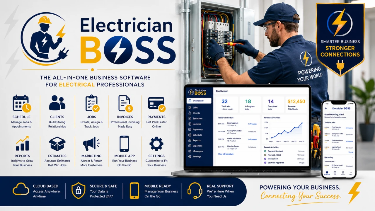 Electrician business software dashboard by Electrician BOSS